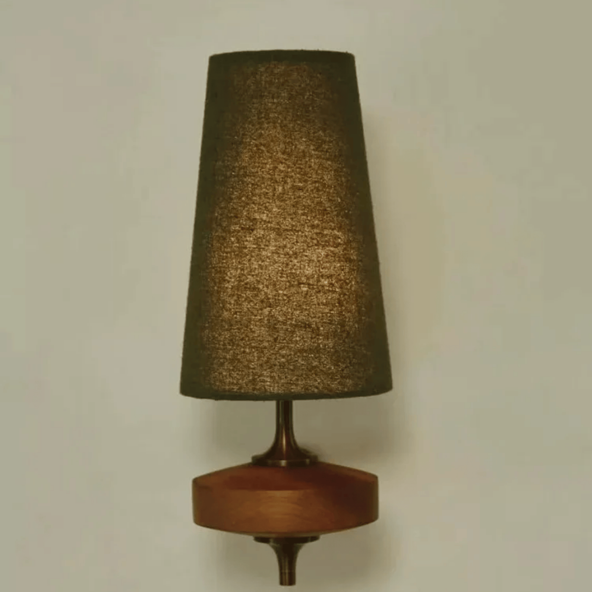 Wall-mounted lamp with a textured brown shade and wooden base on a plain wall.
