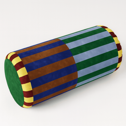 Colorful cylindrical pillow with striped pattern on a white background