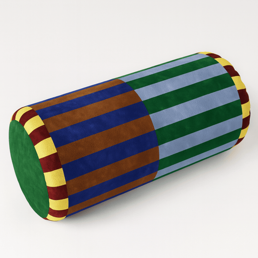 Colorful cylindrical pillow with striped pattern on a white background