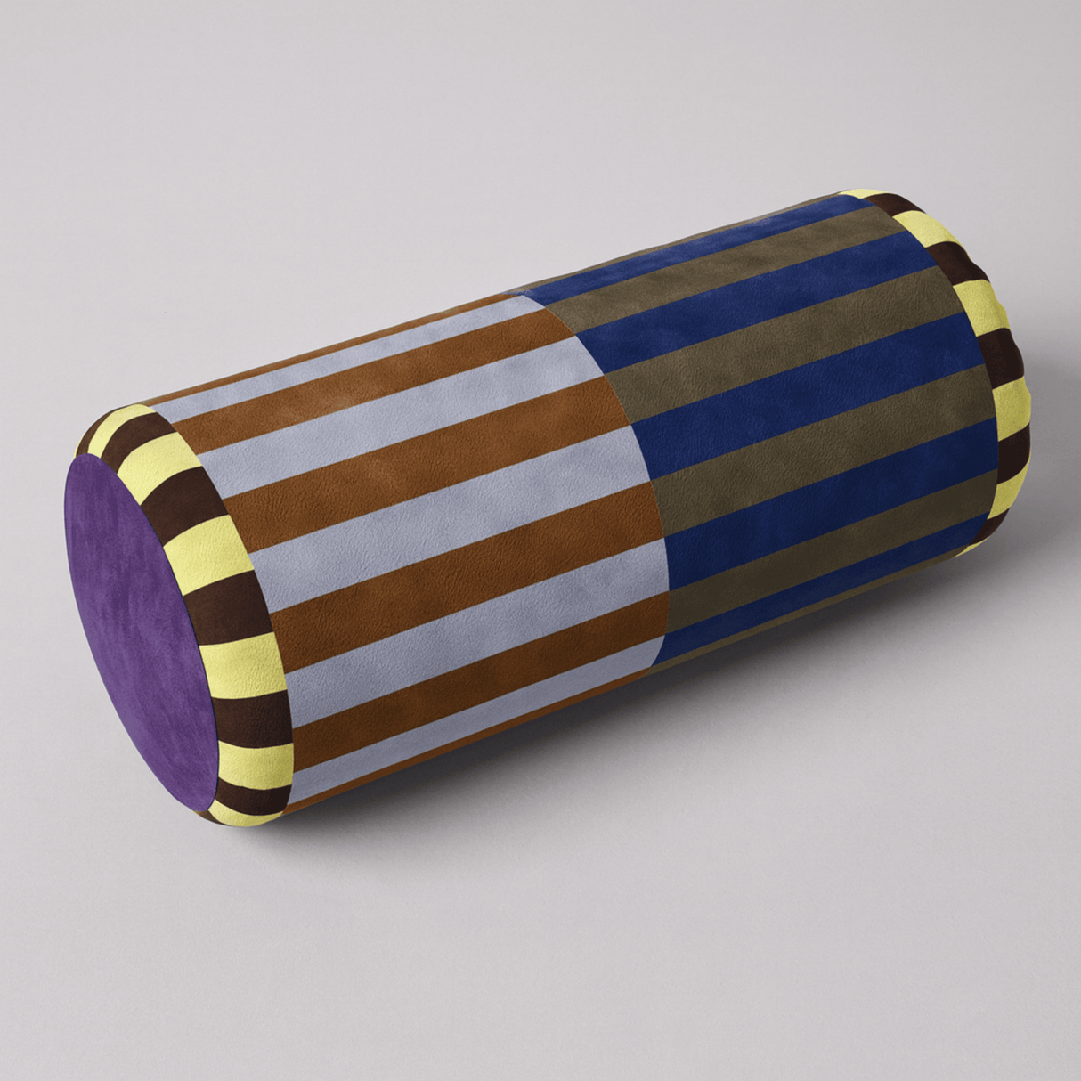 Rectangular pillow with multicolored striped pattern on a gray background