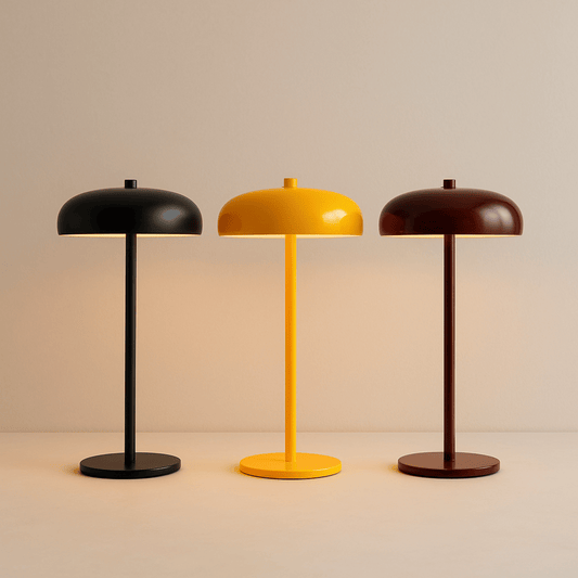 Three table lamps in black, yellow, and brown on a beige background