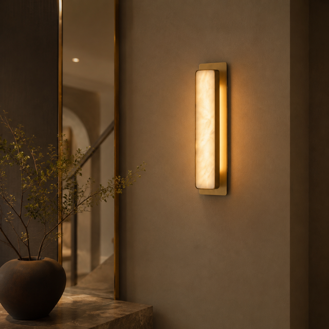 Wall-mounted light fixture on a neutral wall with a decorative plant in the foreground.