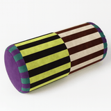 Cylindrical pillow with multicolored striped pattern on a white background