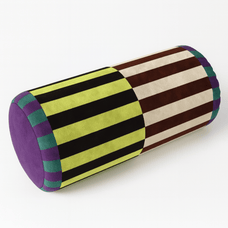 Cylindrical pillow with multicolored striped pattern on a white background
