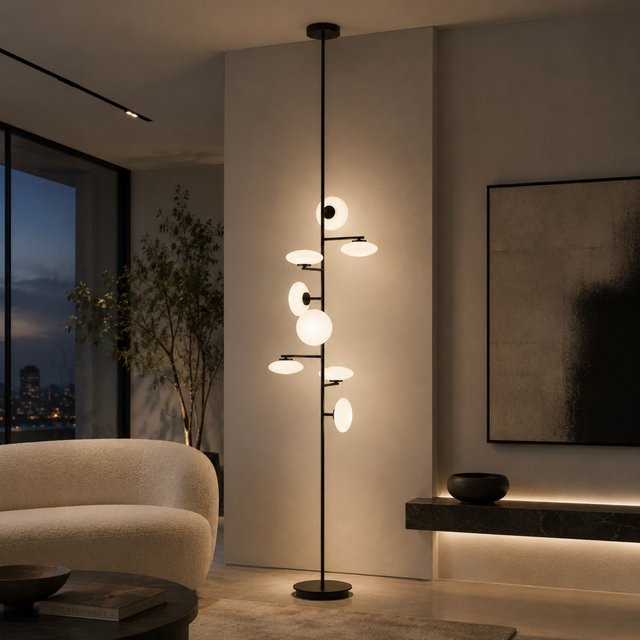 Modern living room with a floor lamp and a cityscape view through large windows.