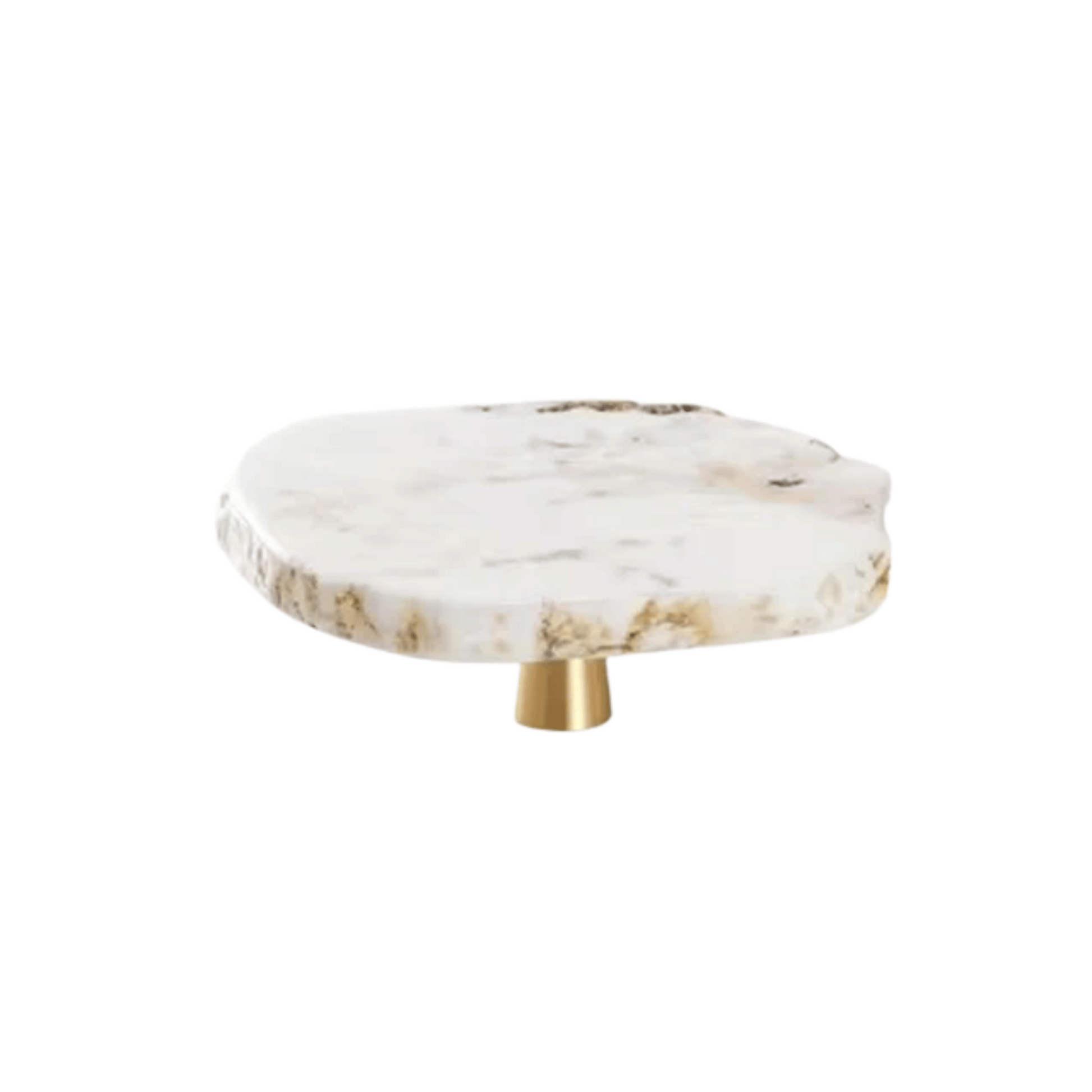 Marble-patterned round object with a gold base on a white background