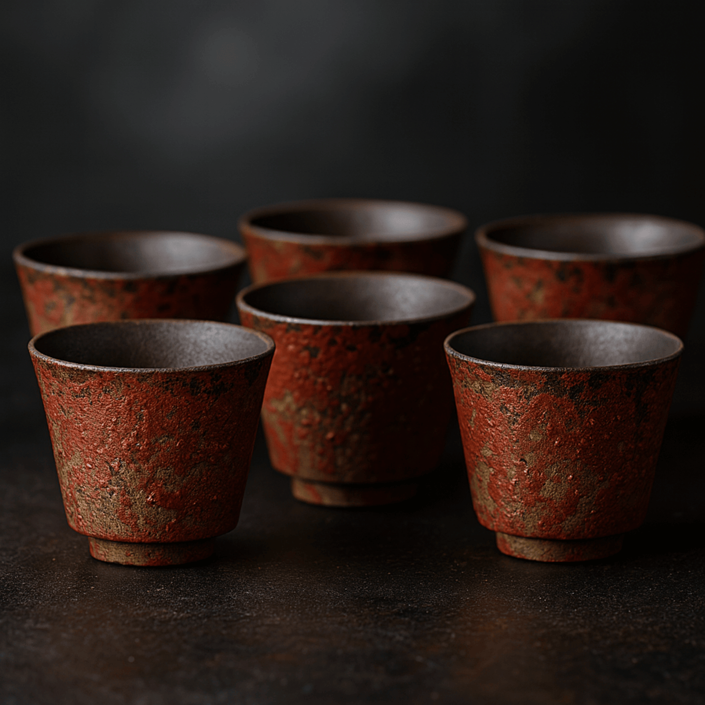 Set of six rustic brown ceramic cups on a dark background