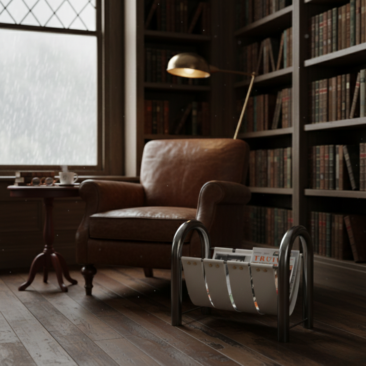 A chrome metal magazine holder with white leather straps in a classic library setting, placed near a leather armchair and wooden bookshelves on a rainy day.