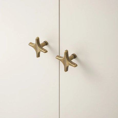 Pair of gold cabinet handles on a white door