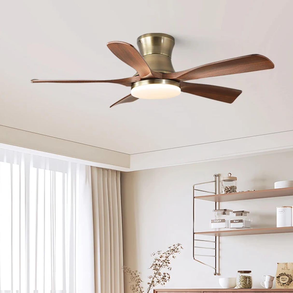 Ceiling fan with light fixture in a room with shelves and decor