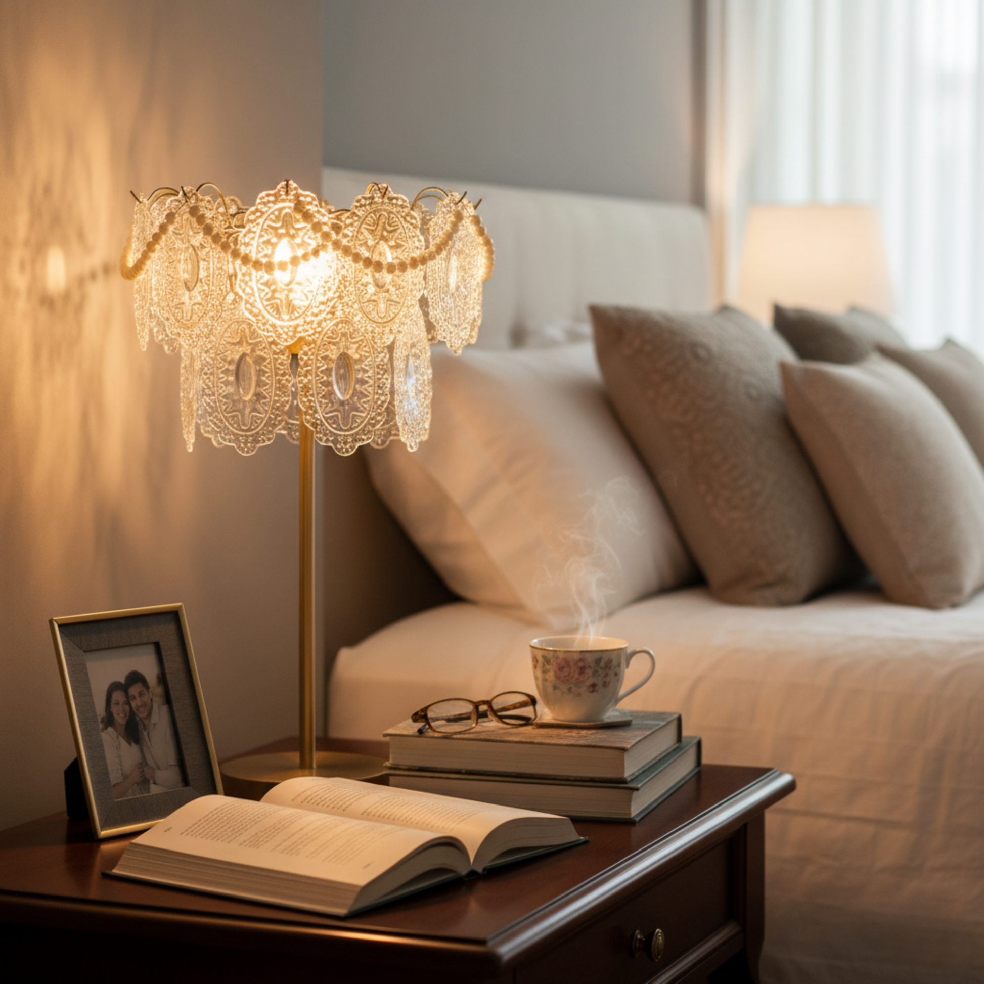A cozy bedroom setting featuring a table with a luxurious lamp beside a neatly made bed with light-colored bedding.