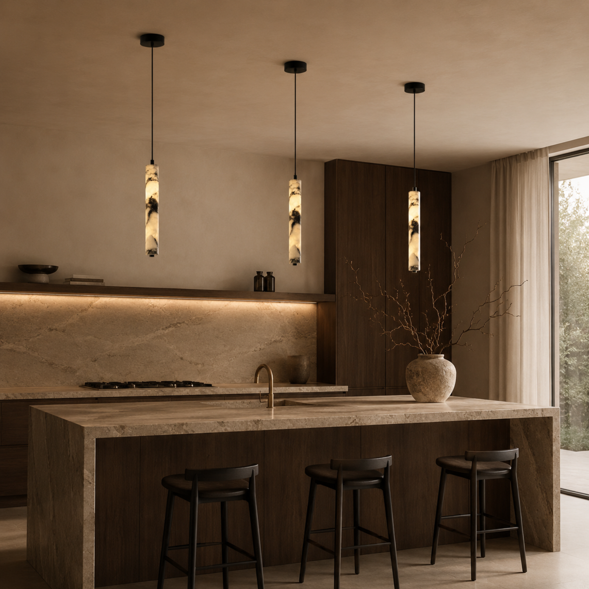 Luxury Black Cylinder Natural Stone Pendant Lamp, alternate view 2