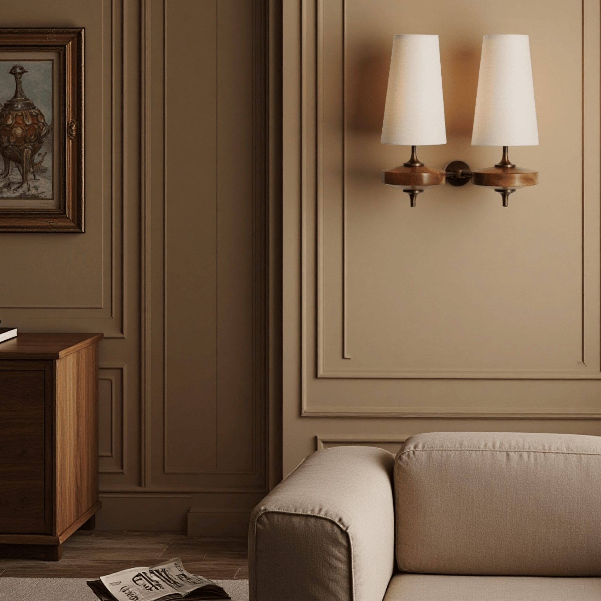 Living room with beige sofa, wooden cabinet, and wall sconces.