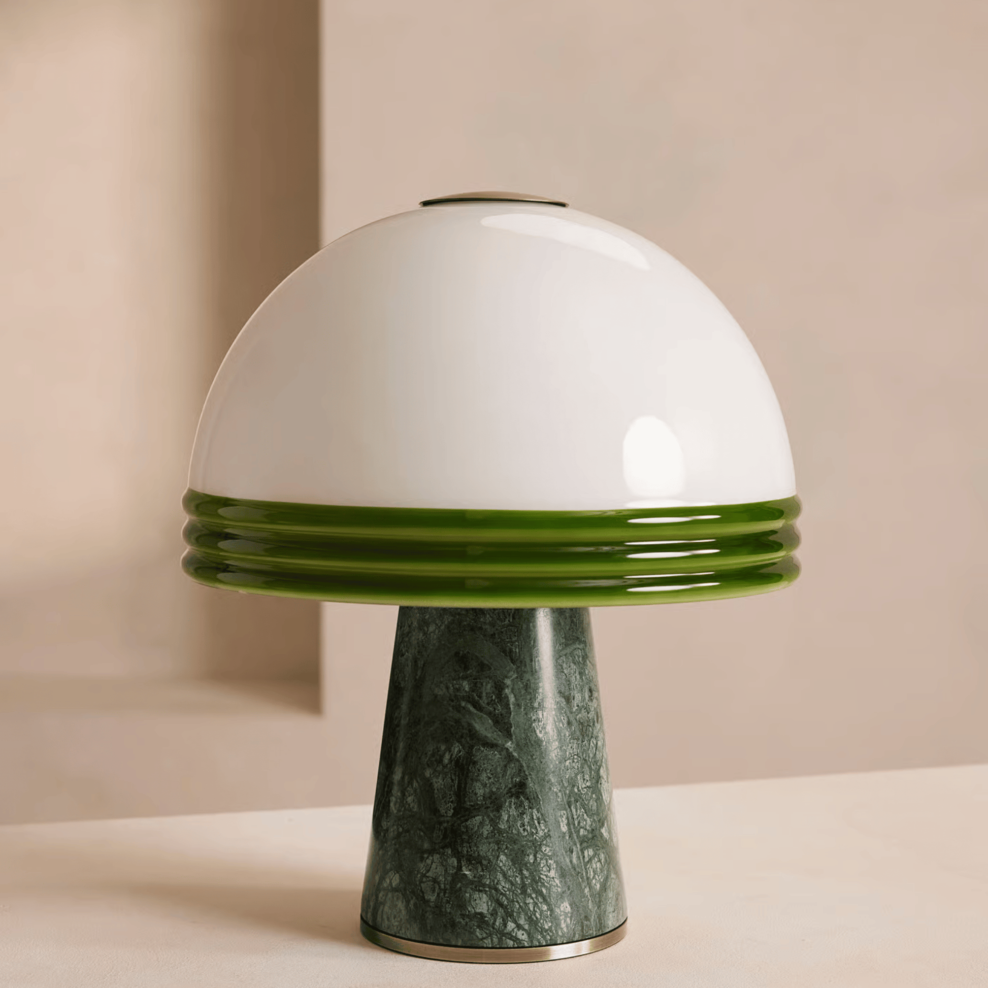 Mushroom-shaped lamp with white top and green base on a beige background