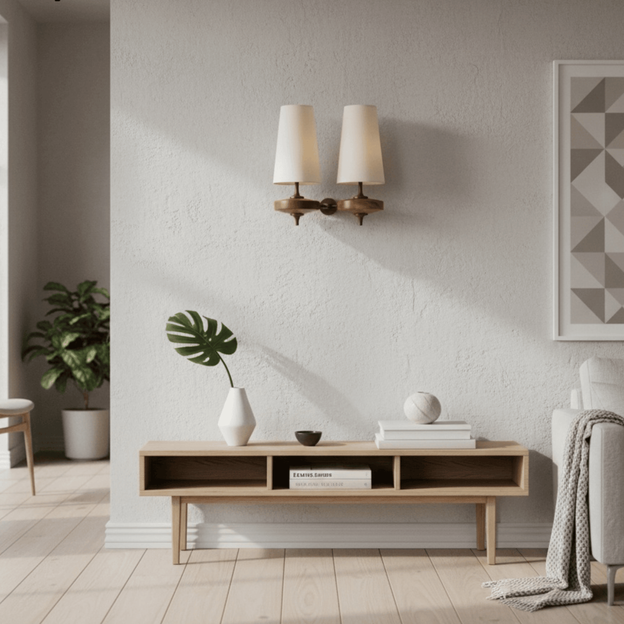 Modern living room with a wooden console table, decorative items, and wall sconces.