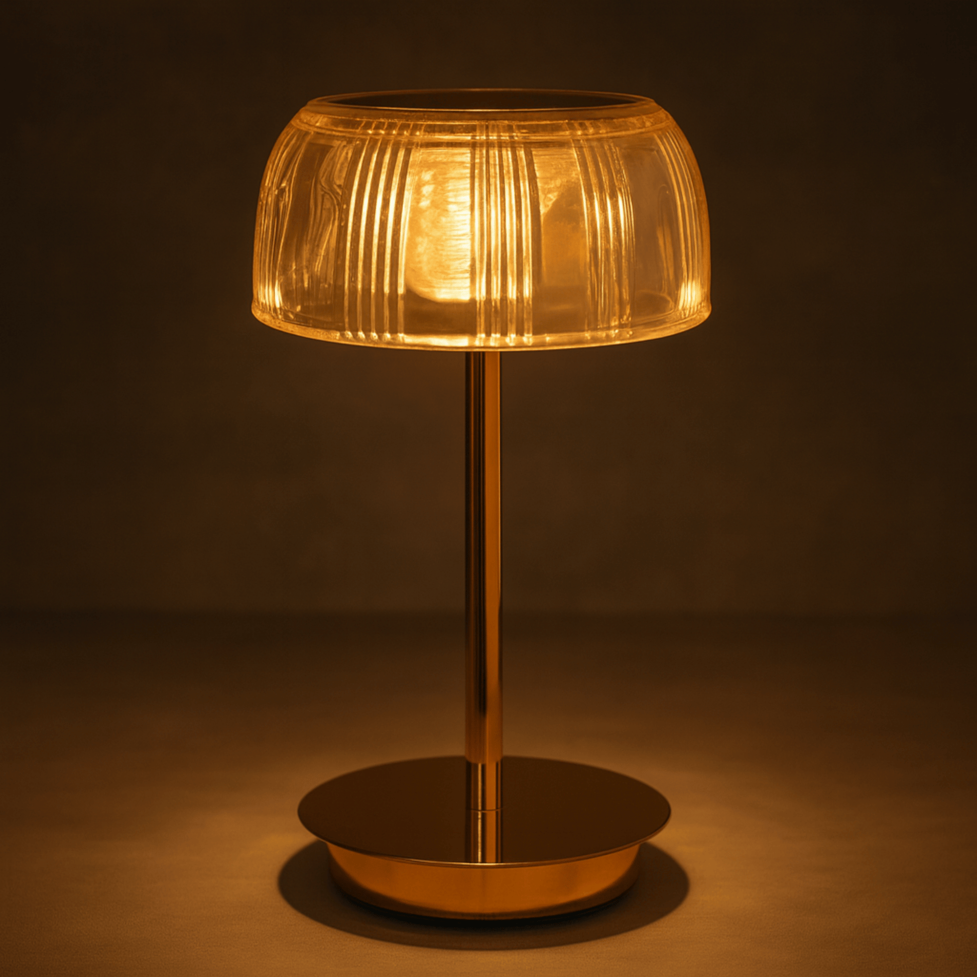 Decorative table lamp with a ribbed glass shade on a dark background