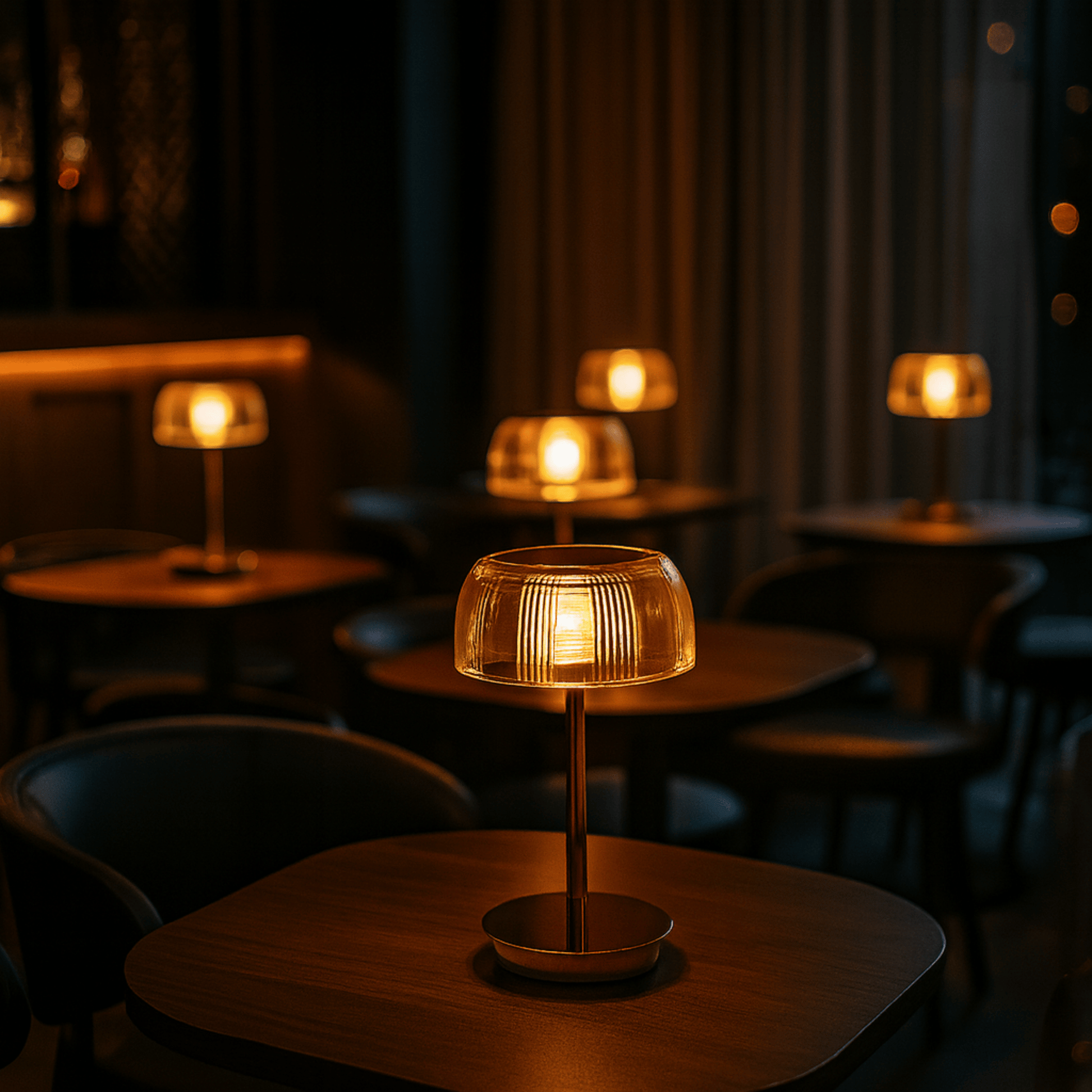 Dimly lit room with table lamps on round tables, creating a cozy atmosphere.