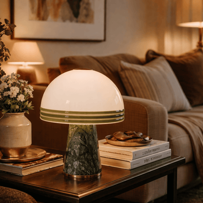 Decorative table lamp on a coffee table with a cozy living room background