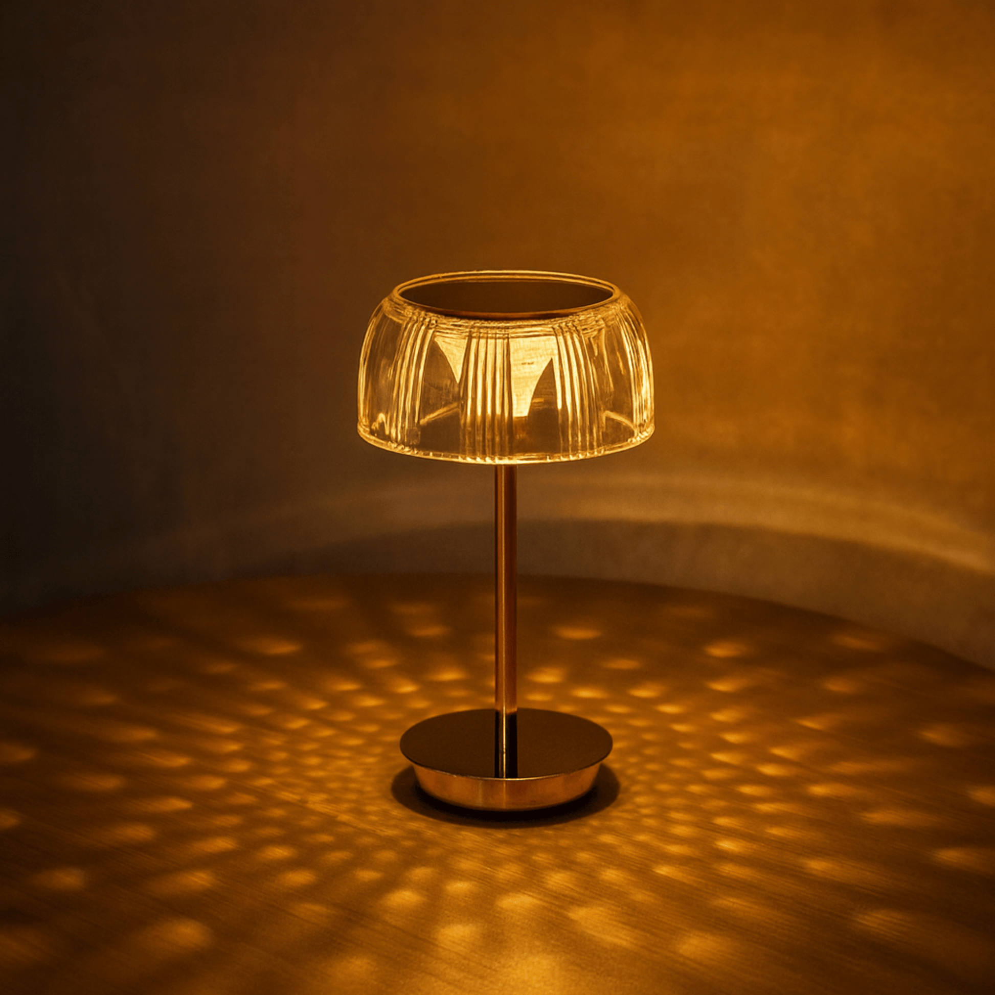 Small table lamp with a glass shade casting a warm glow on a textured surface.
