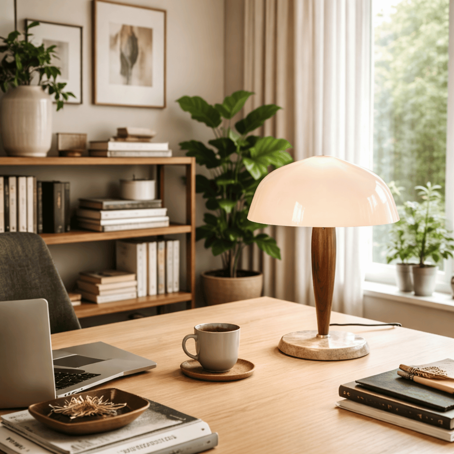 Home office with a desk, laptop, mug, books, and a lamp.
