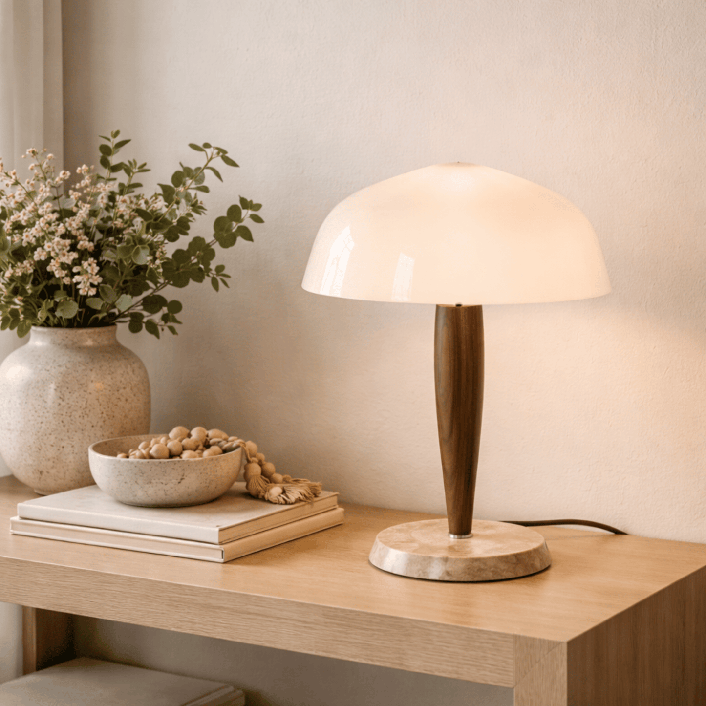 Table lamp on a wooden surface with a vase of flowers and a bowl of nuts in the background.