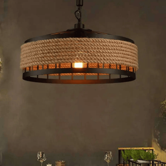 Rustic pendant light with woven design on a dark background