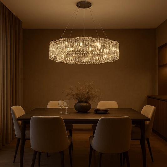 Dining room with a chandelier, table, and chairs in a dimly lit setting.