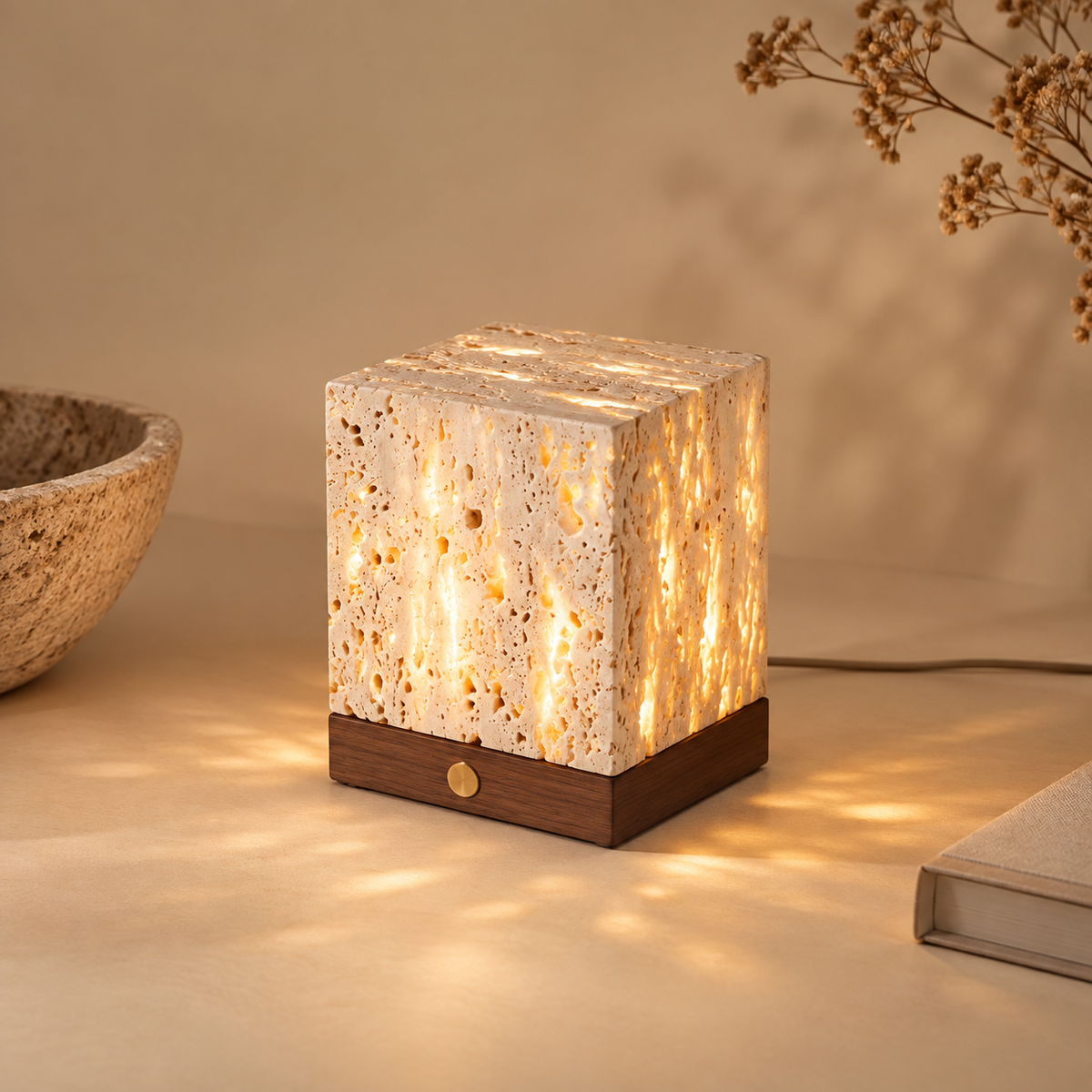 Caelia Travertine Cube Night Light