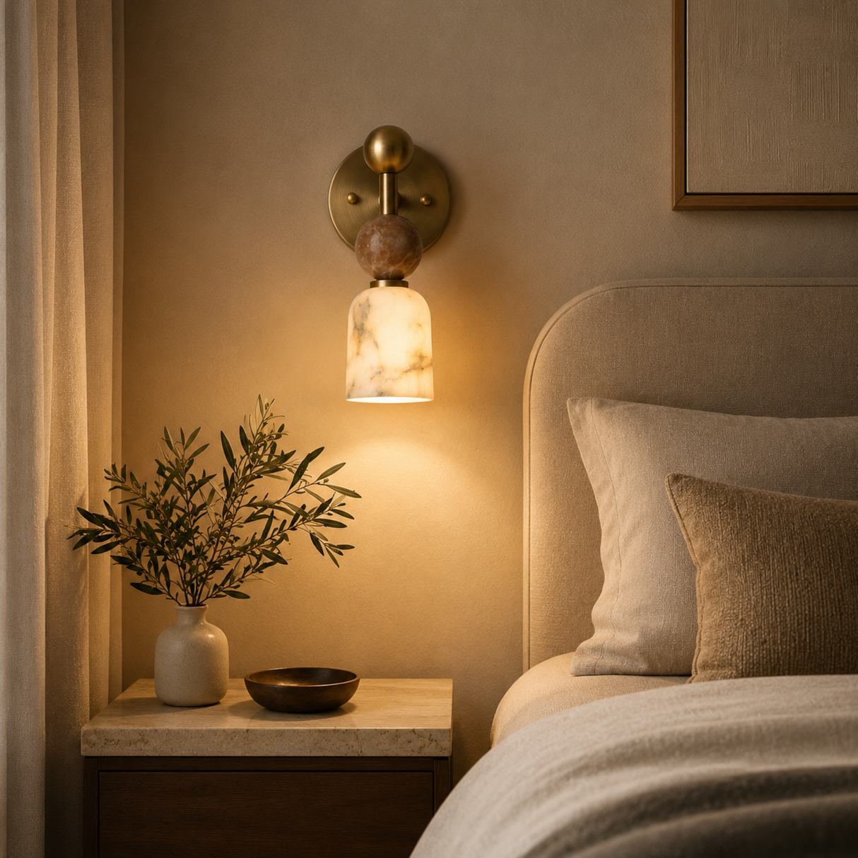 Cozy bedroom with a lit wall sconce, plant, and bed with pillows.