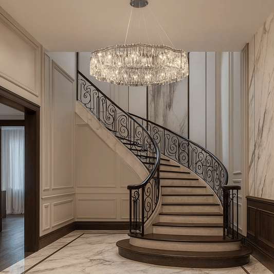 Luxurious staircase with ornate railing and crystal chandelier in a well-lit hallway.
