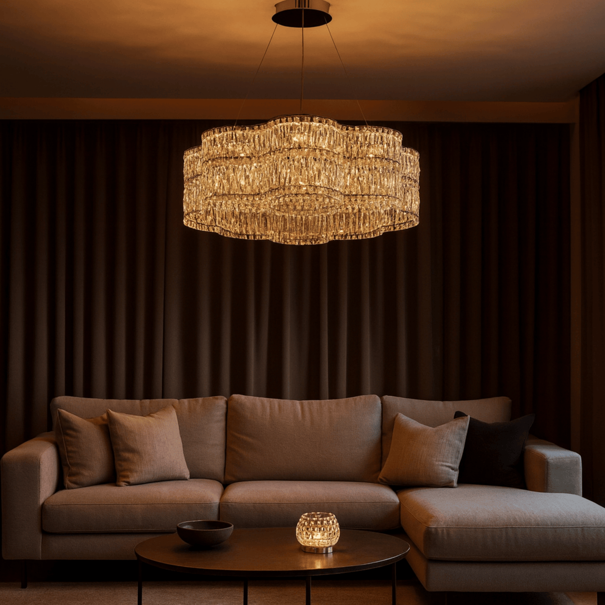 Modern living room with a chandelier, sofa, and decorative items.