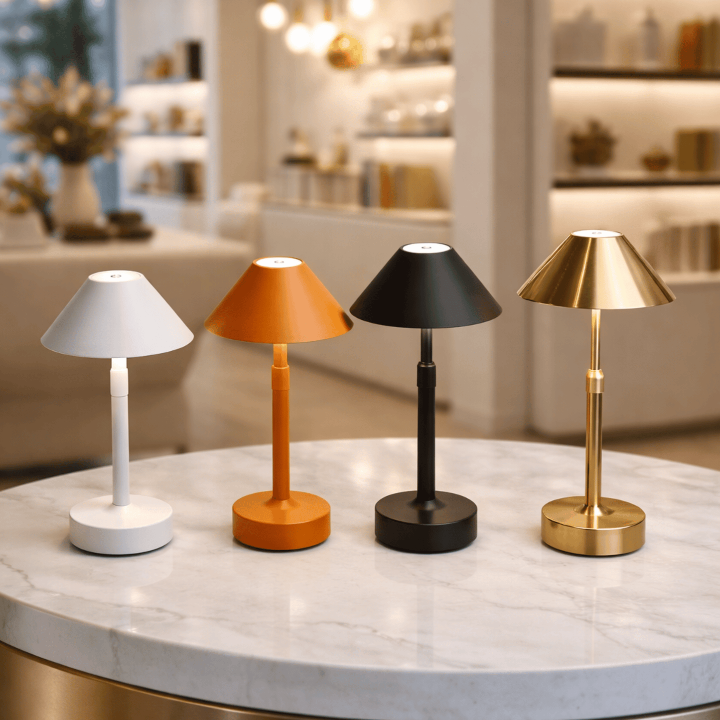 Four table lamps in white, orange, black, and gold on a marble surface with a blurred indoor background.
