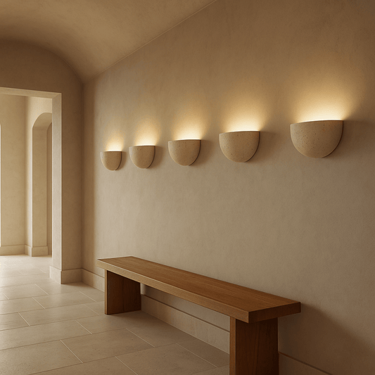 Beige wall with mounted lights and a wooden bench in a softly lit room.