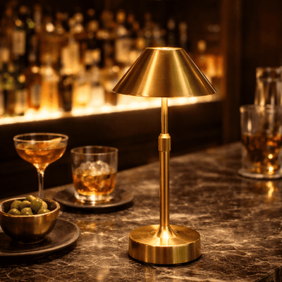 Gold lamp on a bar counter with drinks and snacks in the background
