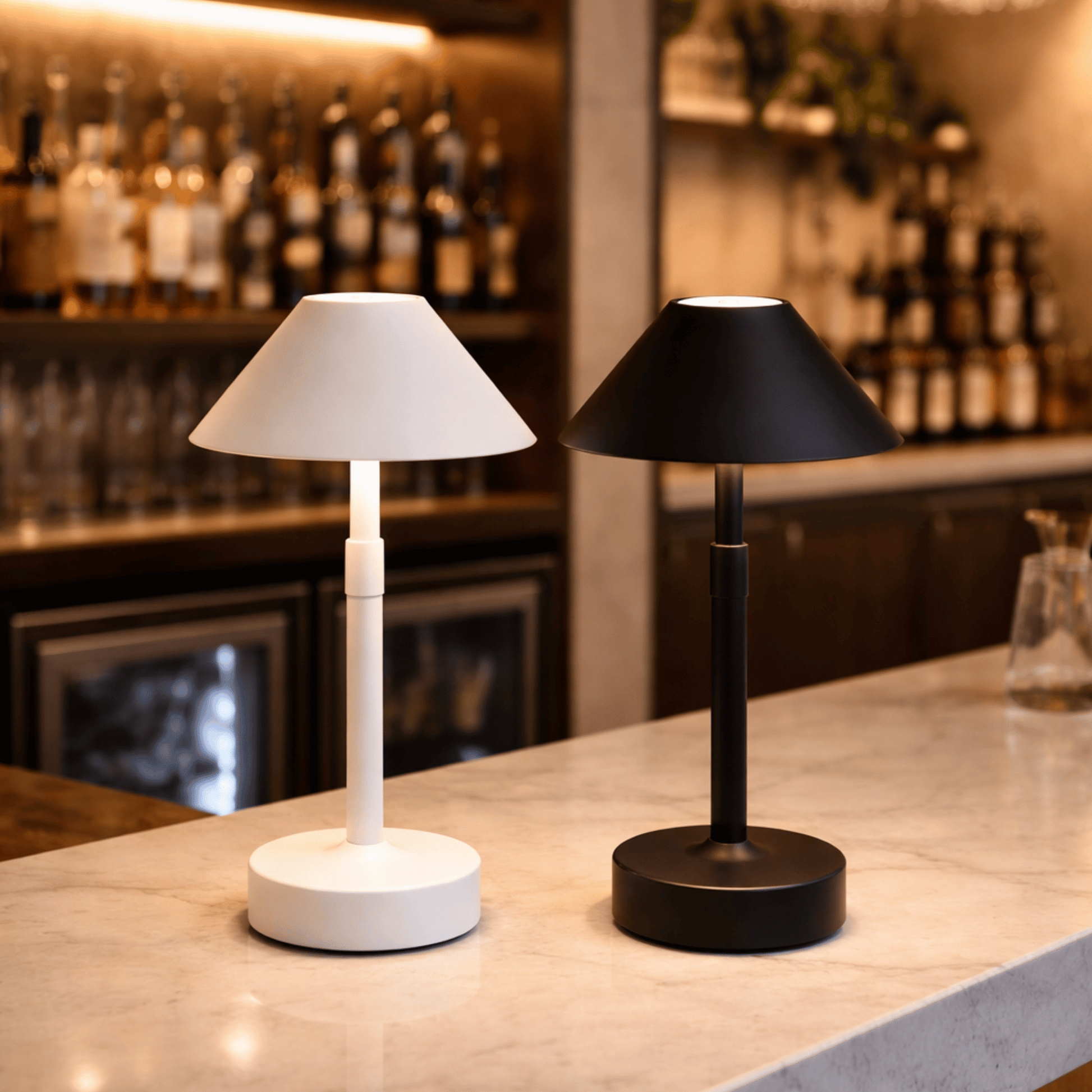 Two table lamps, one white and one black, on a bar counter with bottles and glasses in the background.