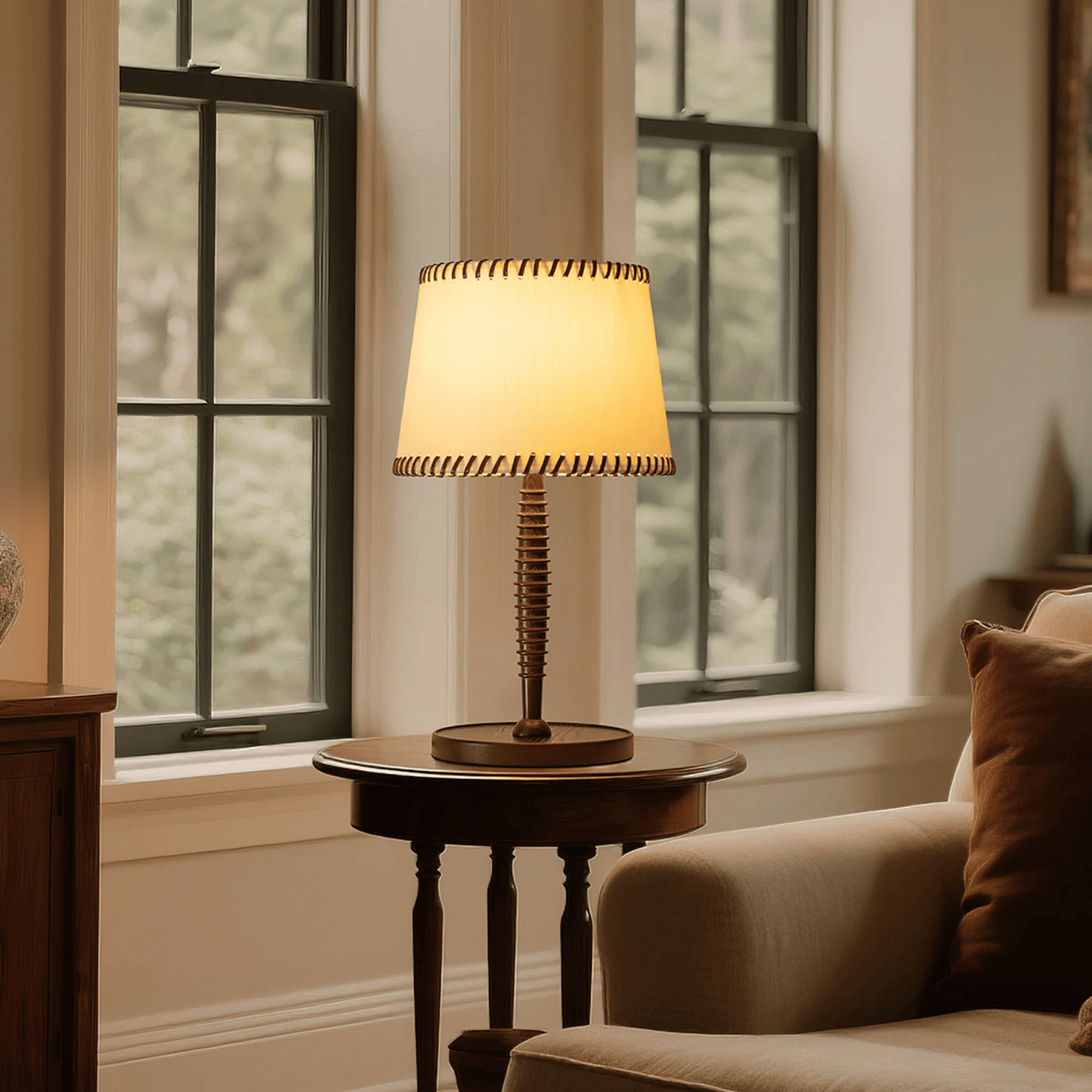 Table lamp on a small round wooden table in a cozy living room with a sofa and large windows.