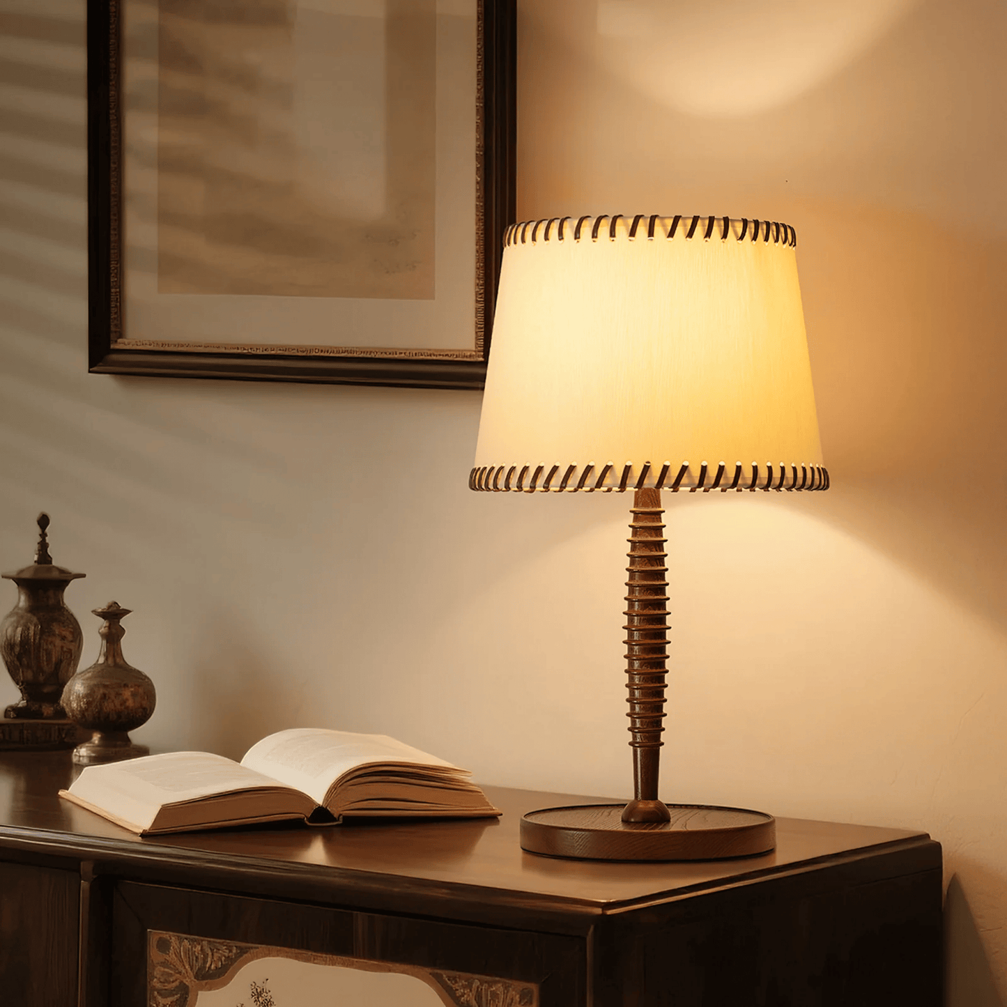 Table lamp on a wooden surface with an open book and decorative items in a warm setting.