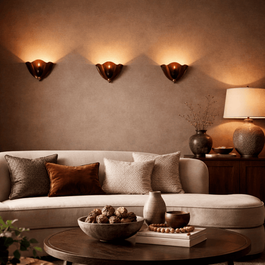 Cozy living room with a beige sofa, decorative pillows, and wall sconces.