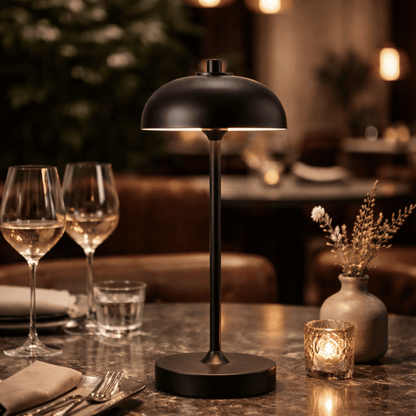Black table lamp on a dining table with wine glasses and candles in a cozy setting