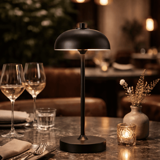 Black table lamp on a dining table with wine glasses and candles in a cozy setting