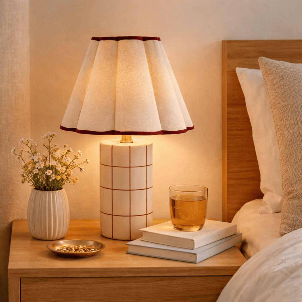 Lamp on a bedside table with books, a glass of tea, and a vase of flowers in a cozy bedroom setting.