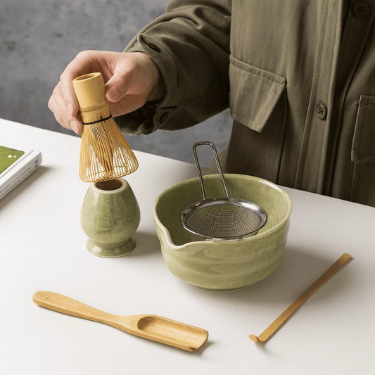 Person using a bamboo whisk over a green ceramic bowl with a metal sieve on a white surface.