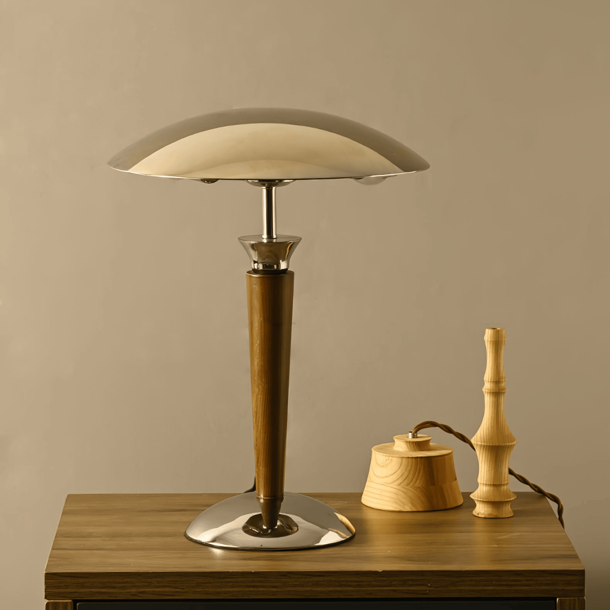 Table lamp with wooden base and beige shade on a wooden surface against a beige wall.