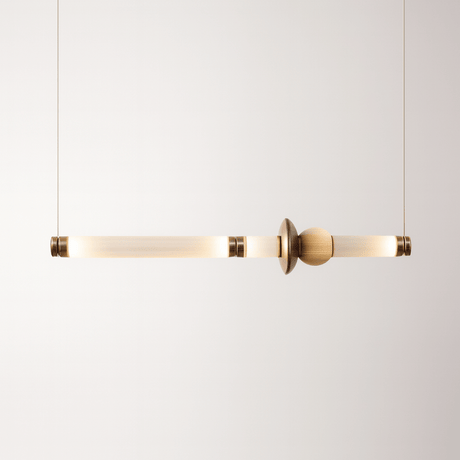 Modern pendant light with gold finish on a white background