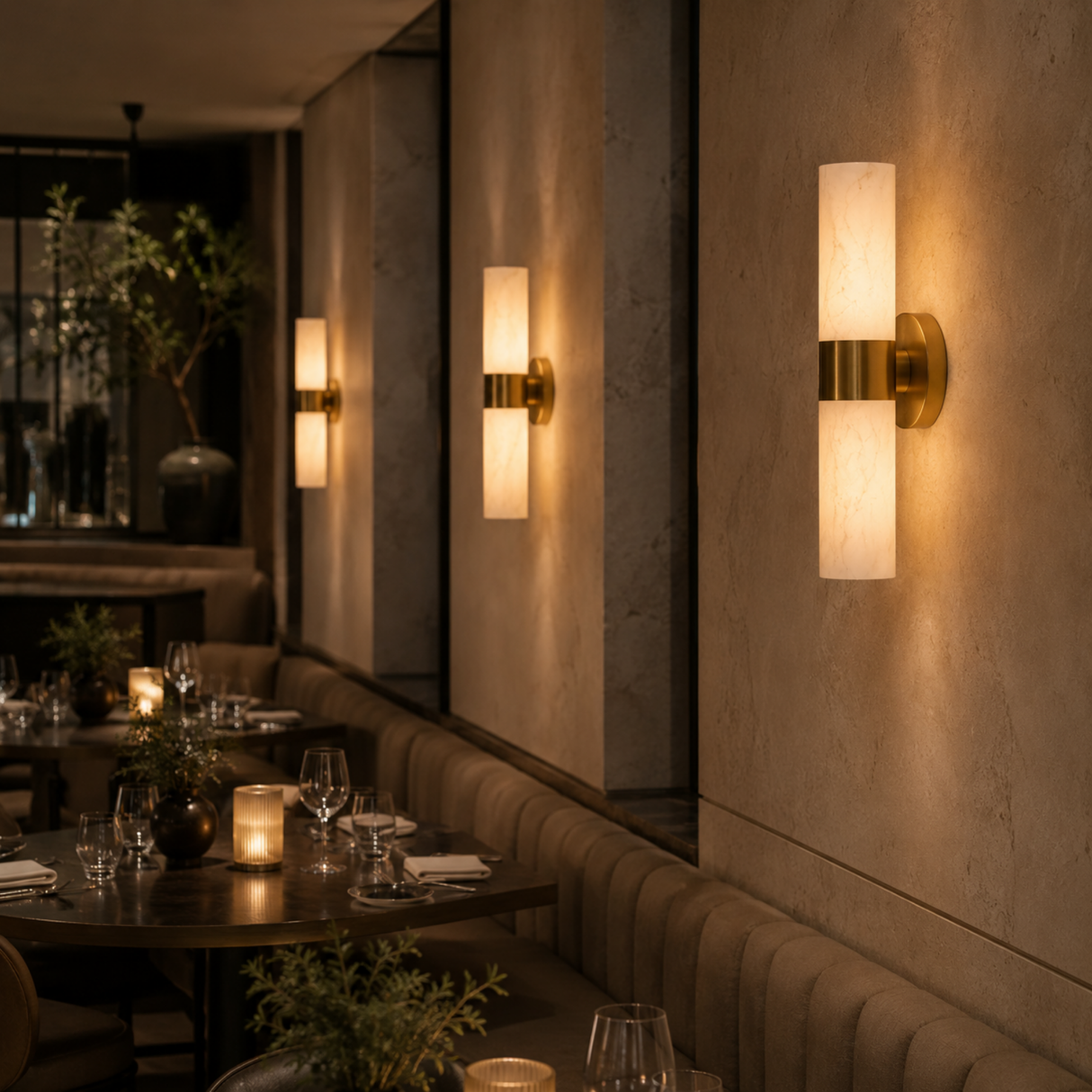 A warm brass wall sconce with a cylindrical frosted glass shade mounted on a textured stone wall in a modern restaurant setting.