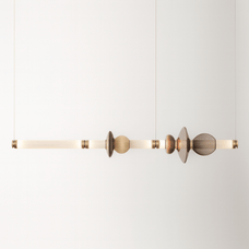 Modern pendant light with geometric design on a white background