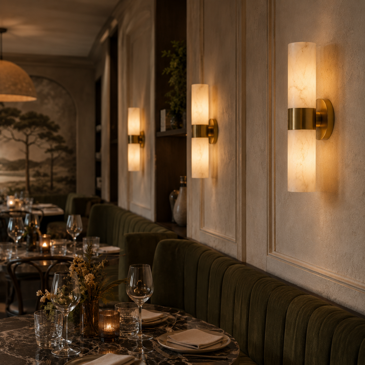 A warm brass wall sconce with a vertical white marble-look glass shade, mounted on a cream paneled wall in a luxury restaurant setting.