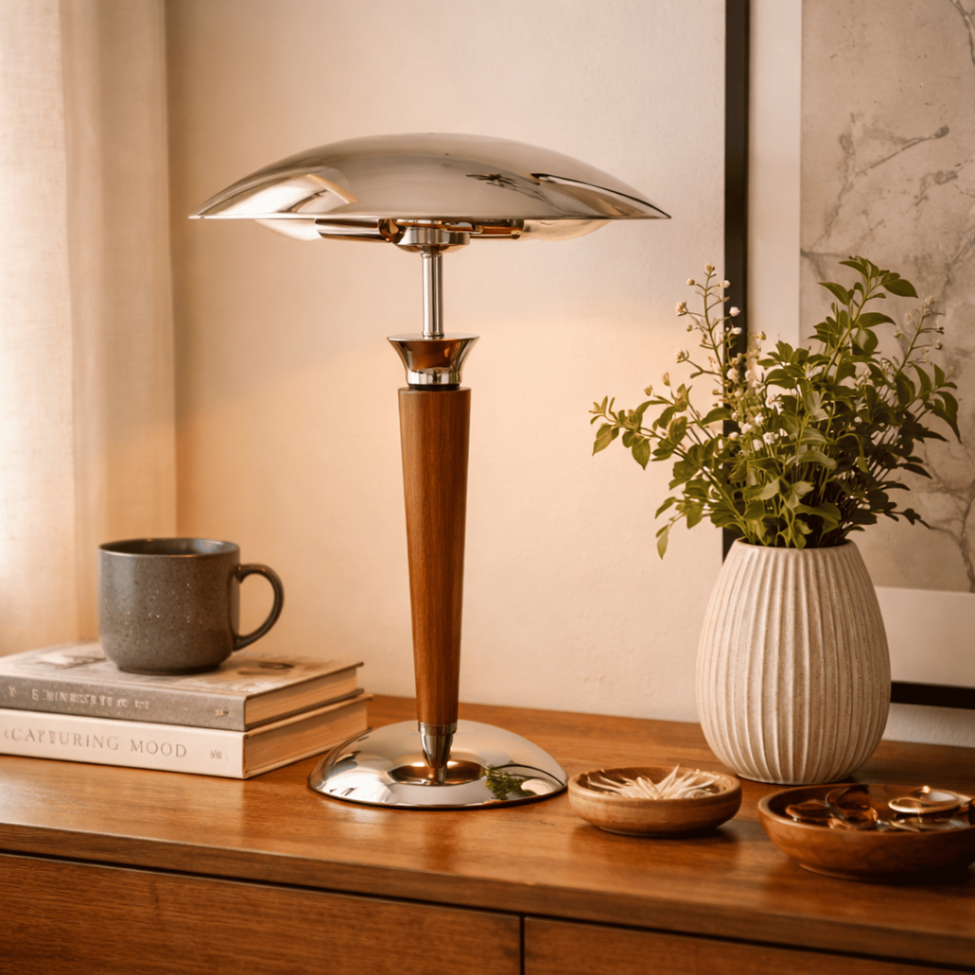 Table lamp on a wooden surface with books, a mug, and a vase in the background.