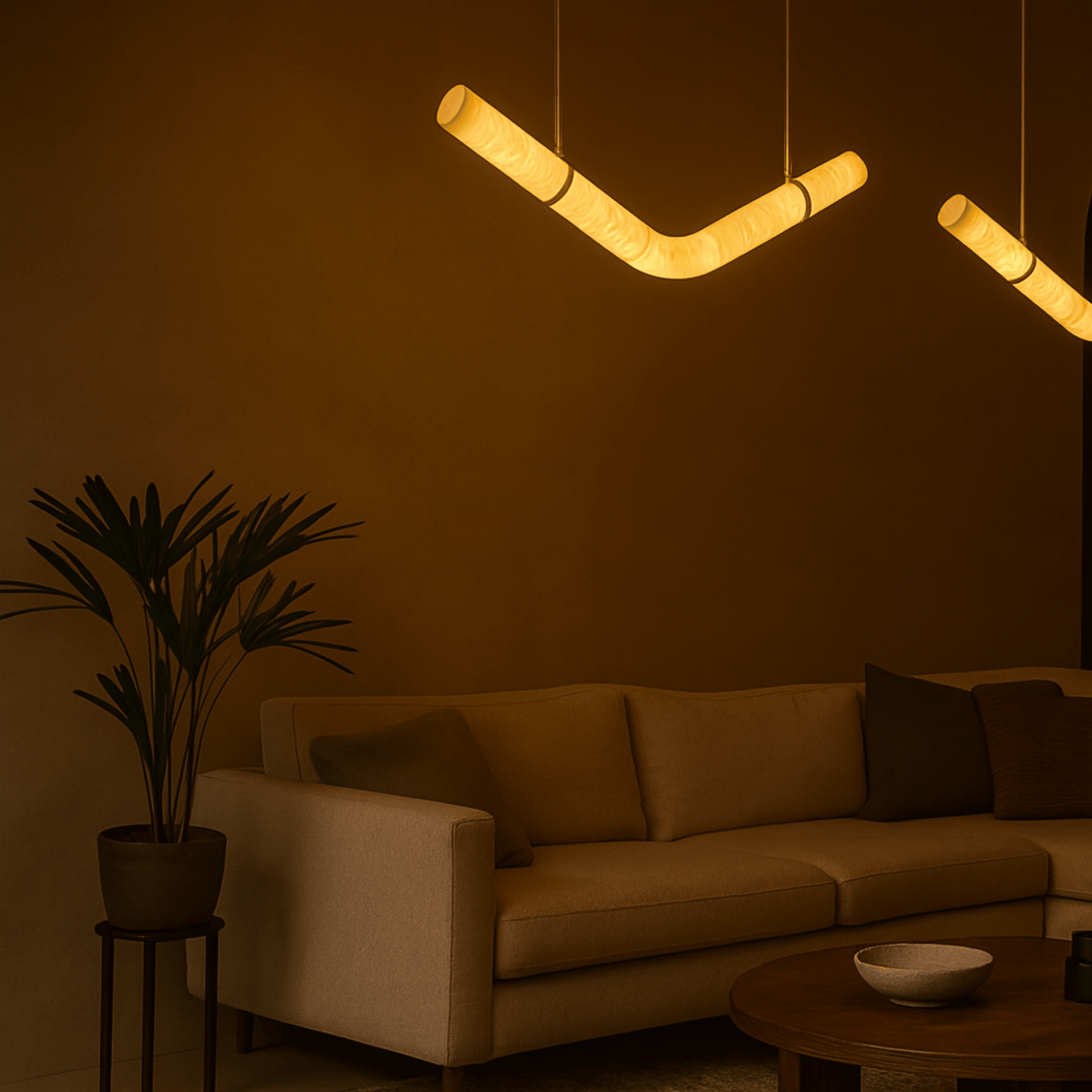 Modern living room with a beige sofa, plant, and unique pendant light fixture.