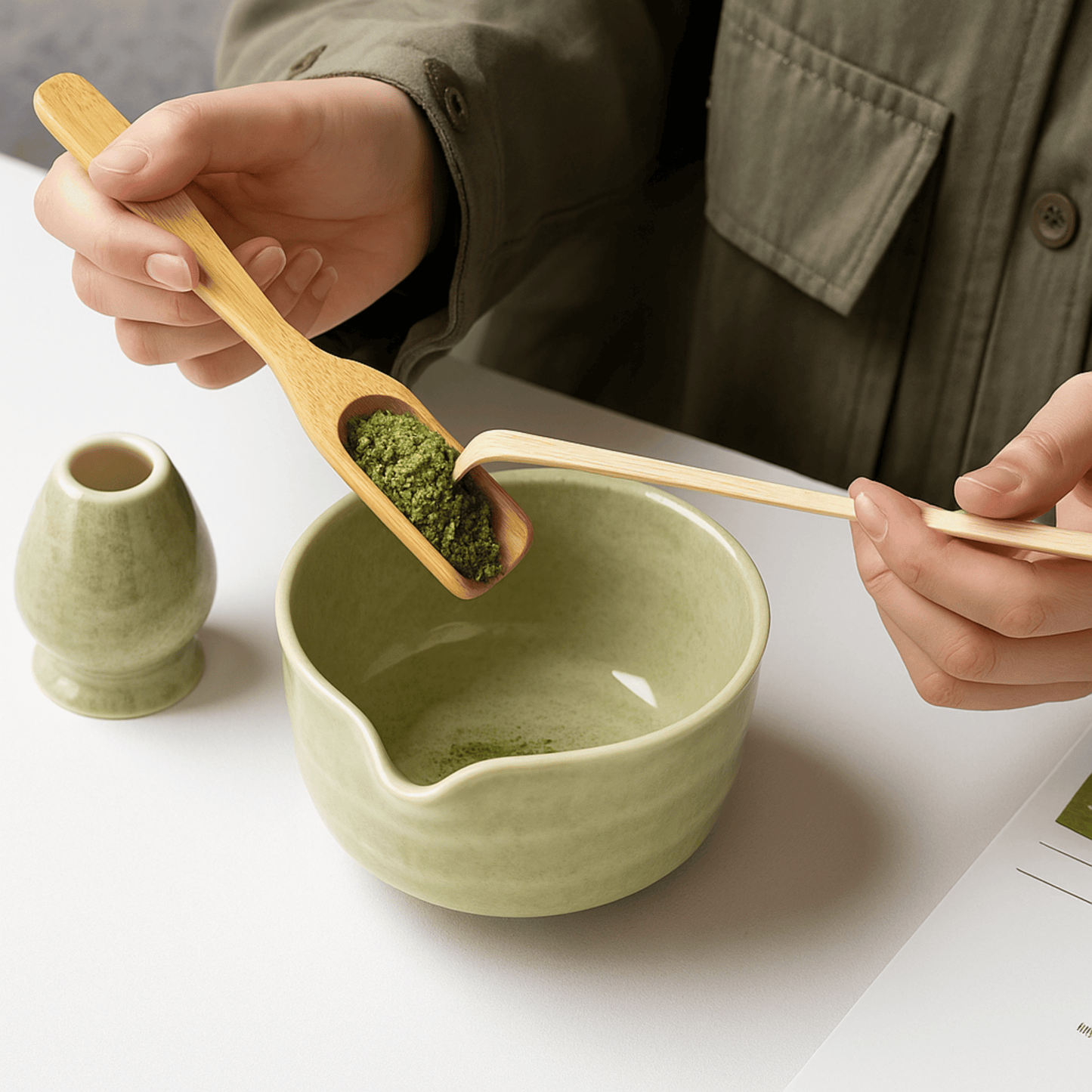 Person using a wooden spoon to scoop green powder into a green ceramic bowl on a white surface.